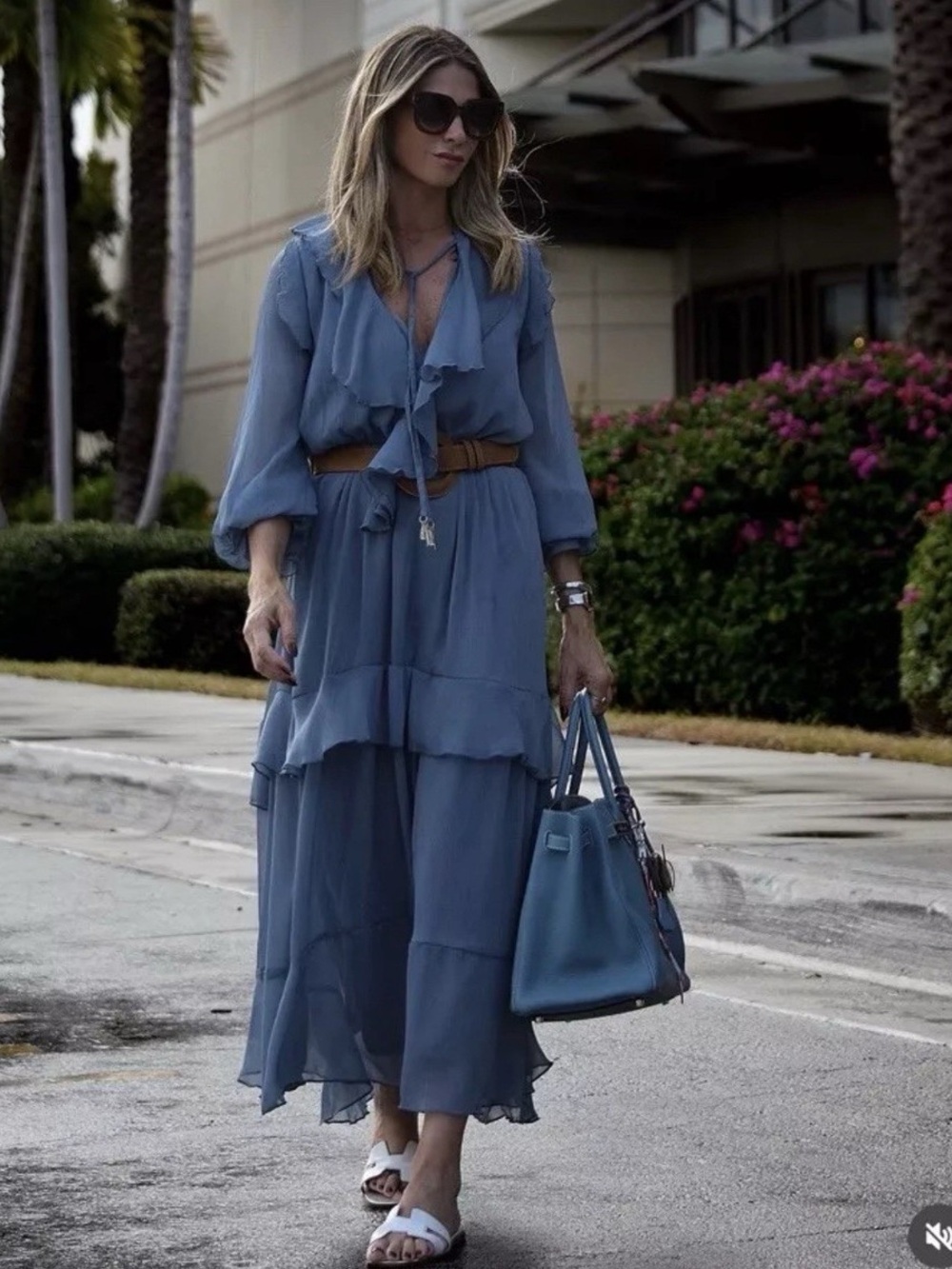 Zara Slate Blue Ruffled V-Neck Maxi Dress - Picture 9 of 13